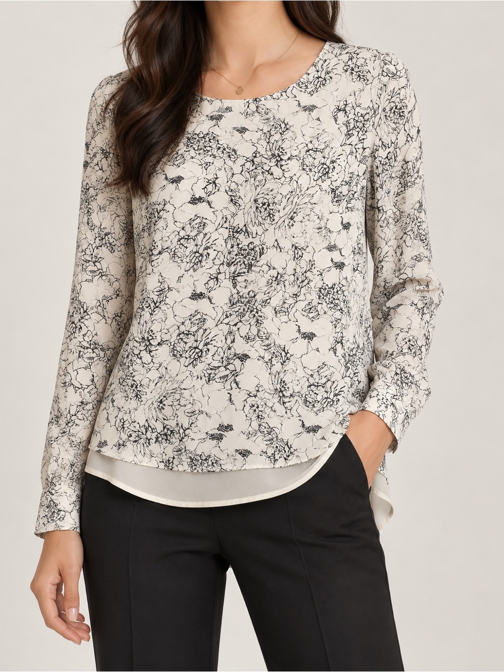 The Limited Cream Black Floral Blouse XS Layered Hi Low Long Sleeve